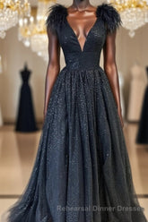 Glitter Feathers V-Neck Empire Waist A-Line Semi Formal Prom Gown,Evening Party Dress